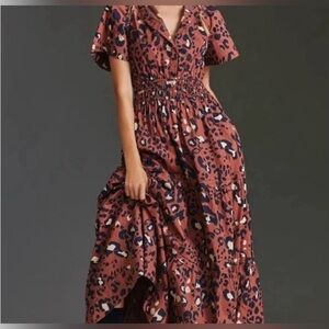 Anthropologie Maeve Somerset Leopard Maxi Dress Brown Pockets Size XS